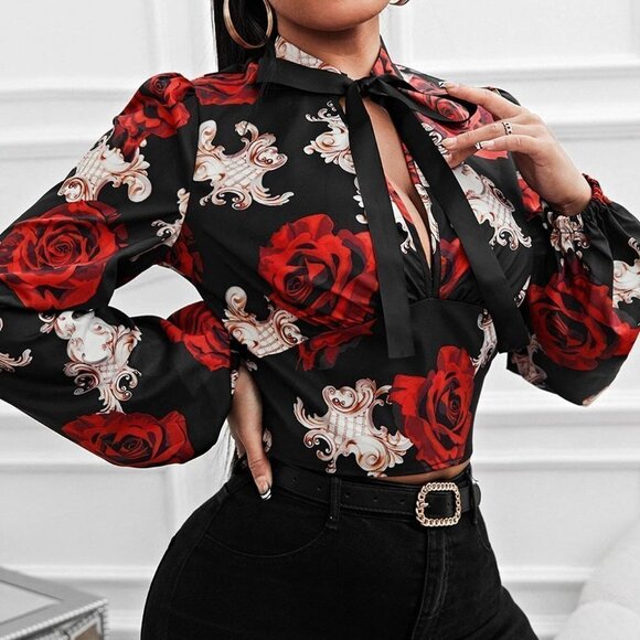 Floral Print Lantern Sleeve Tie Neck Blouse Black & Red - Picture 1 of 5
